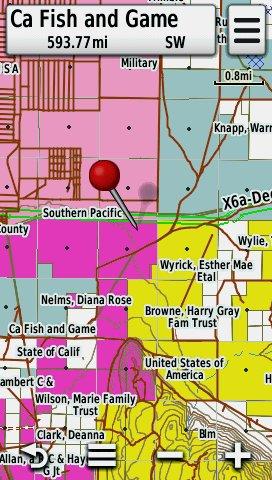 Screenshot of different types of land ownership in HUNT California for Garmin GPS Screenshot of HUNT California Topo Map with Land Ownership Information on a Garmin Montana GPS