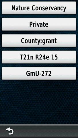 Screenshot of the Feature List in HUNT Washington for Garmin GPS Screenshot of HUNT Washington Topo Map with Land Ownership Information on a Garmin Montana GPS